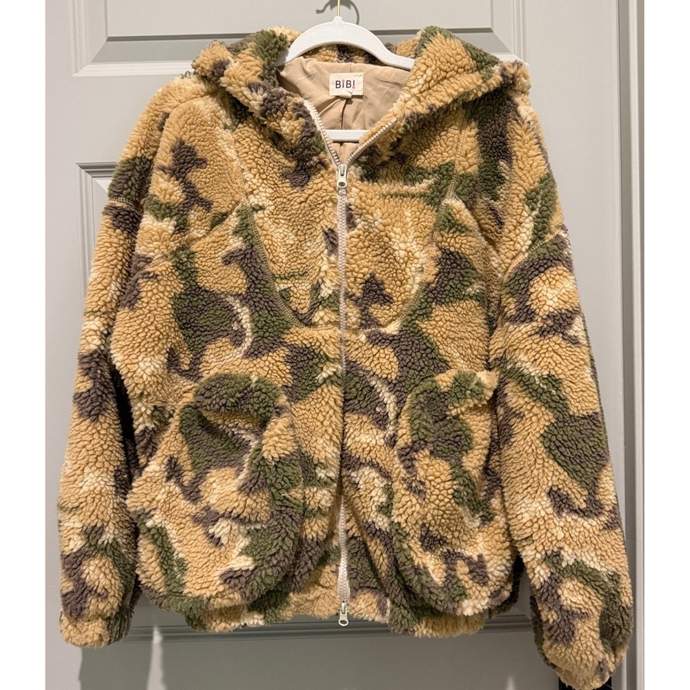 BiBi Womens Camo Sherpa Fleece Hooded Jacket Full Zip Green Tan M